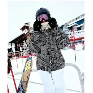 Free People Bunny Slope Printed PrimaLoft® Puffer Ski Jacket Black NWT, NEW!